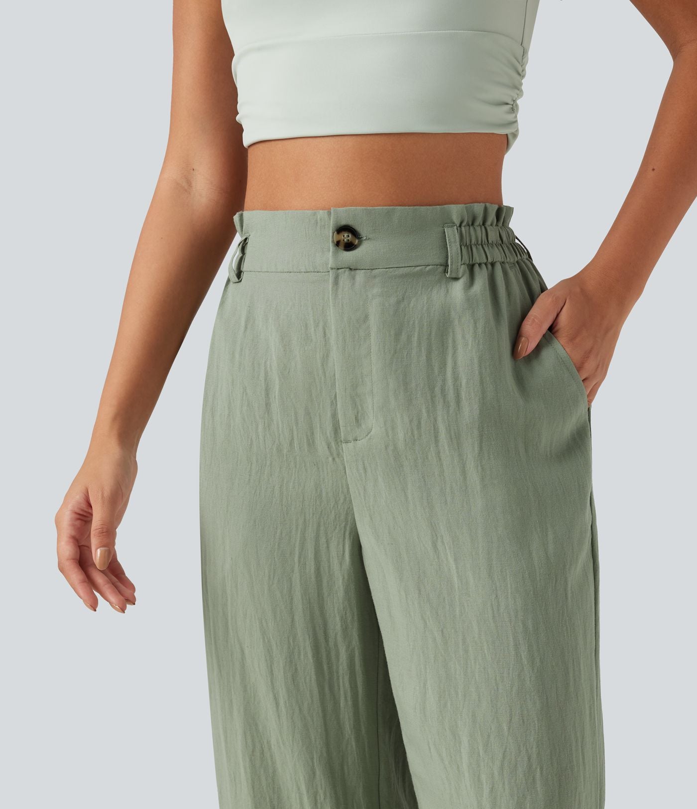 Pantalon décontracté taille haute à jambes larges en mélange de lin avec poches