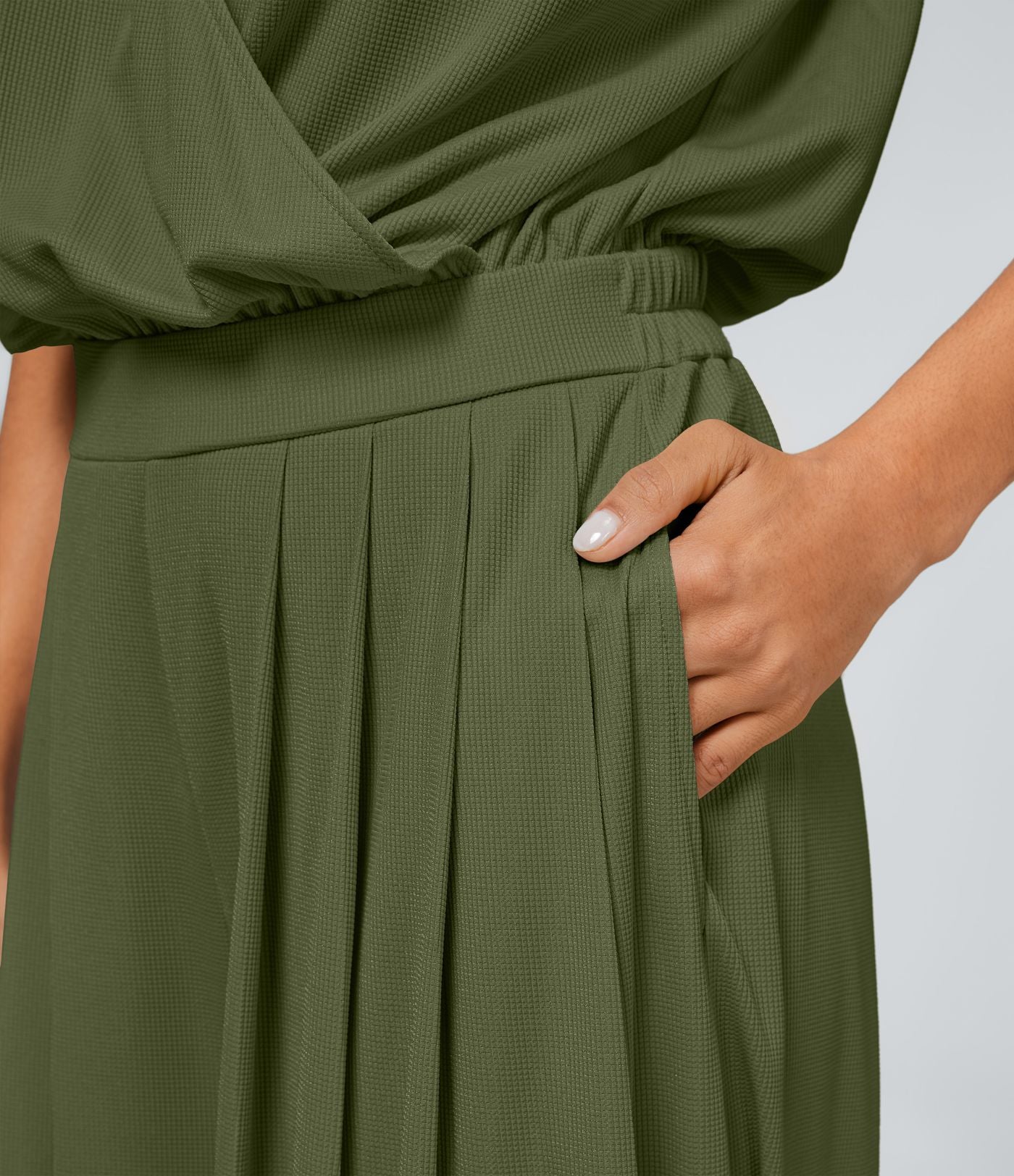 Combinaison Casual Col en V Jambes Large Plissée Manches Courtes Poche Latérale Gaufrée Fluide