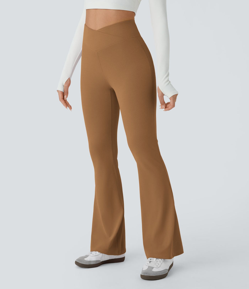 Pantalon décontracté évasé en maille gaufrée, taille haute, avec poches croisées