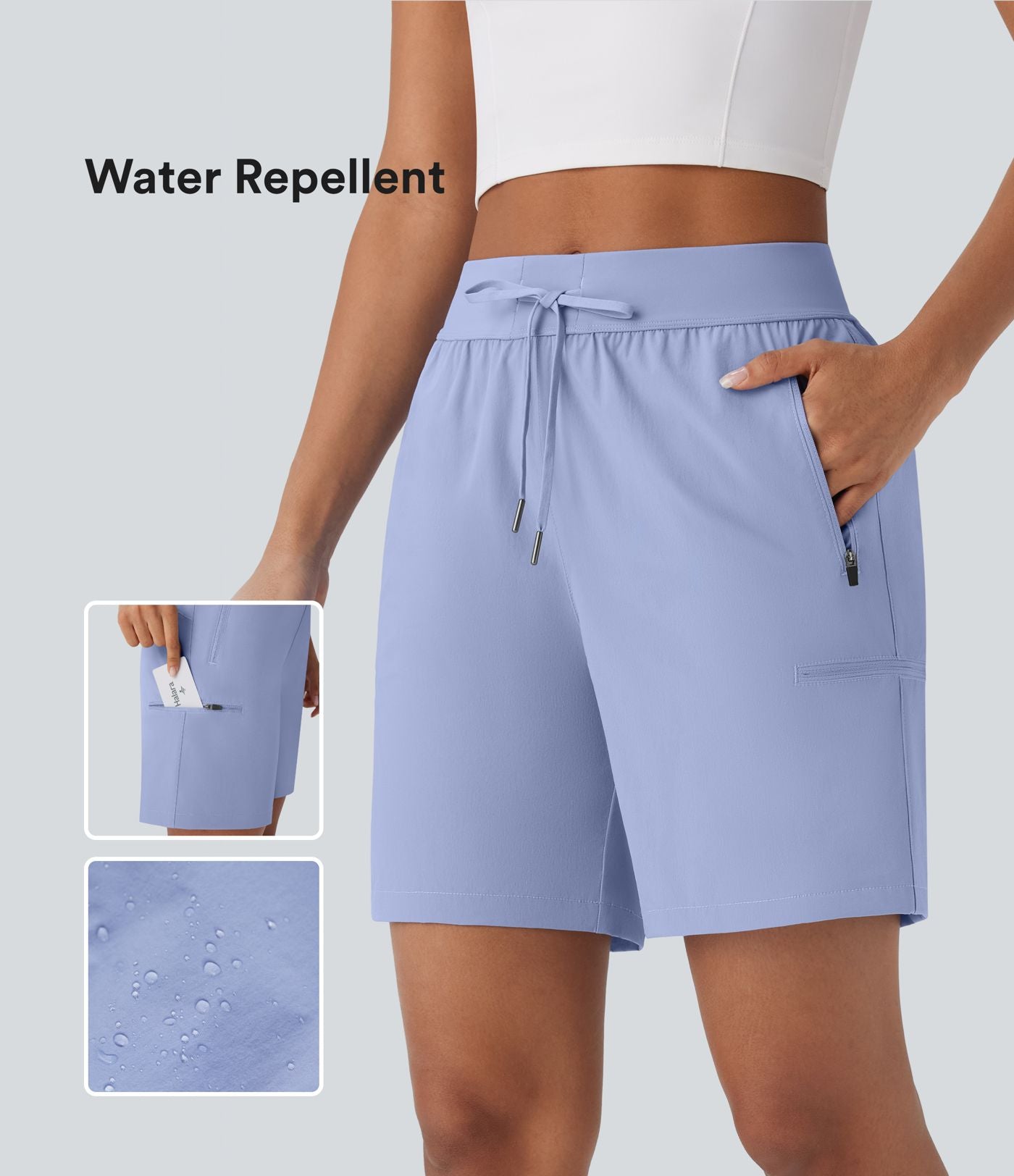 Short de randonnée à taille moyenne avec cordon de serrage et poches multiples à fermeture éclair, résistant à l'eau et à l'usure