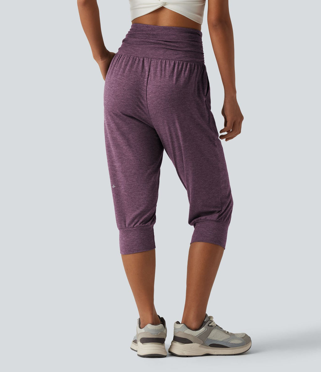 Jogging yoga corsaire chiné taille haute à fronces avec poches