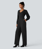 Combinaison tailleur col V manches longues bouffantes coupe droite avec poches