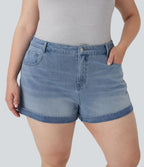 Short décontracté Halara Flex™ grande taille taille mi-haute bouton fermeture éclair en denim maille extensible multiples poches 7,5 cm