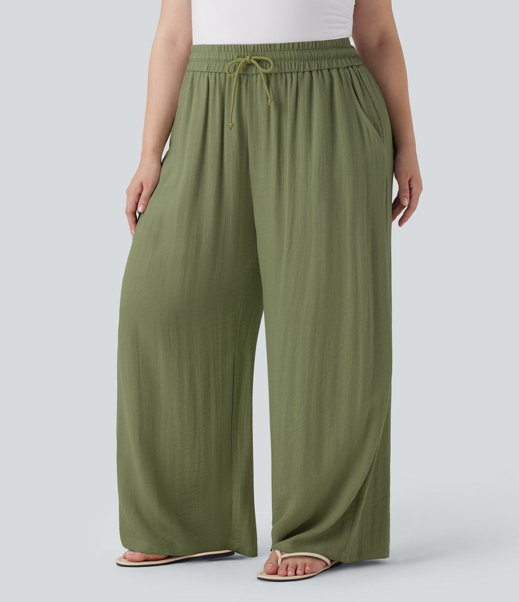 Pantalon décontracté grande taille large fluide taille haute effet lin avec cordon de serrage et poches