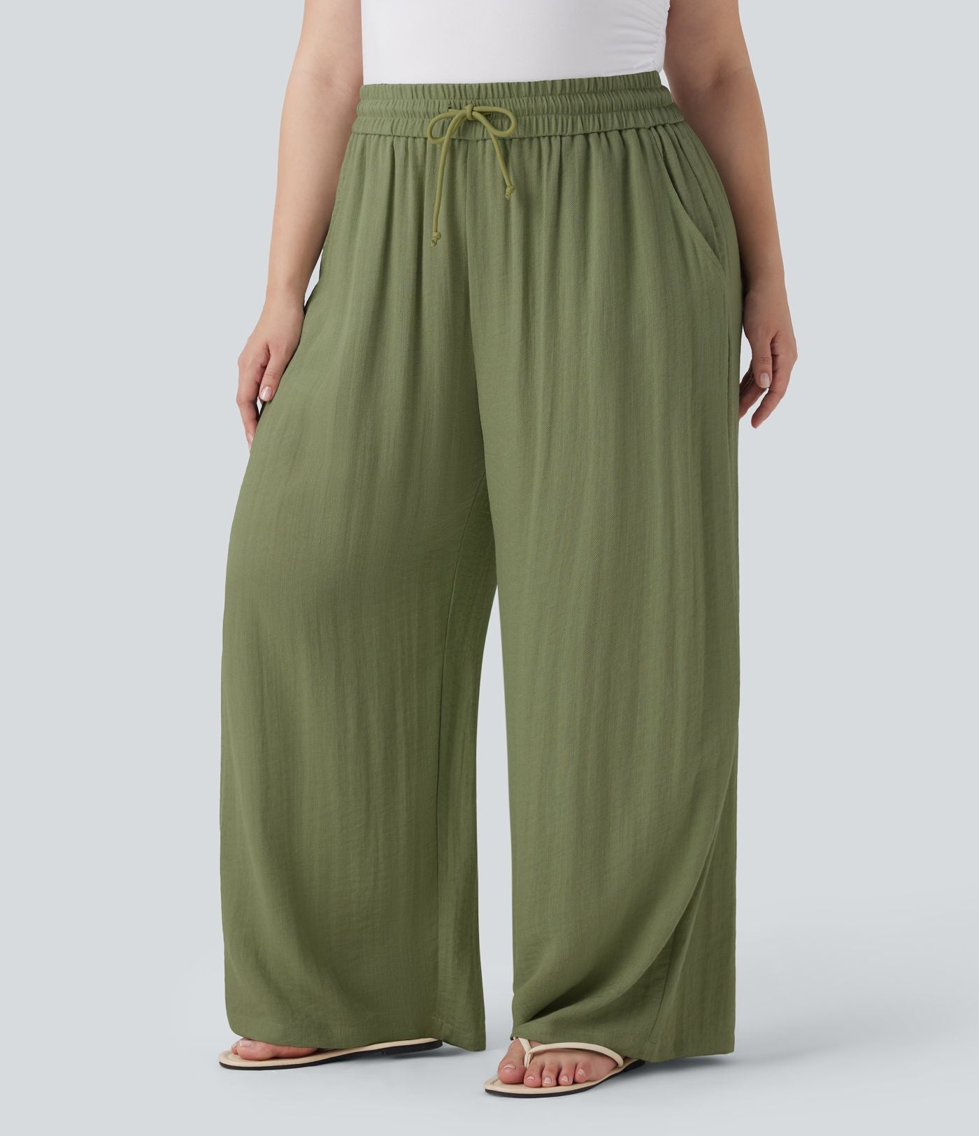 Pantalon décontracté grande taille large fluide taille haute effet lin avec cordon de serrage et poches