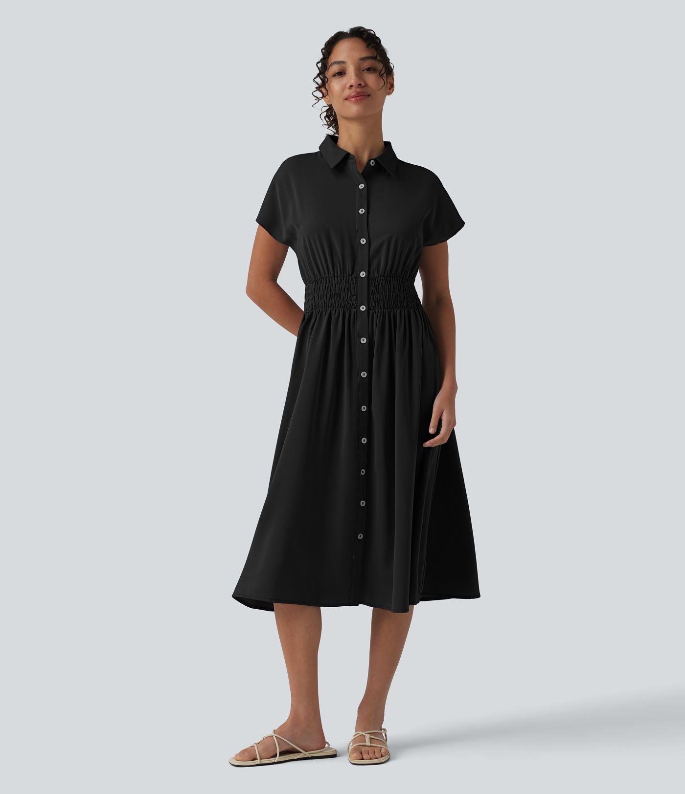 Robe-chemise midi défroissage facile avec manches courtes