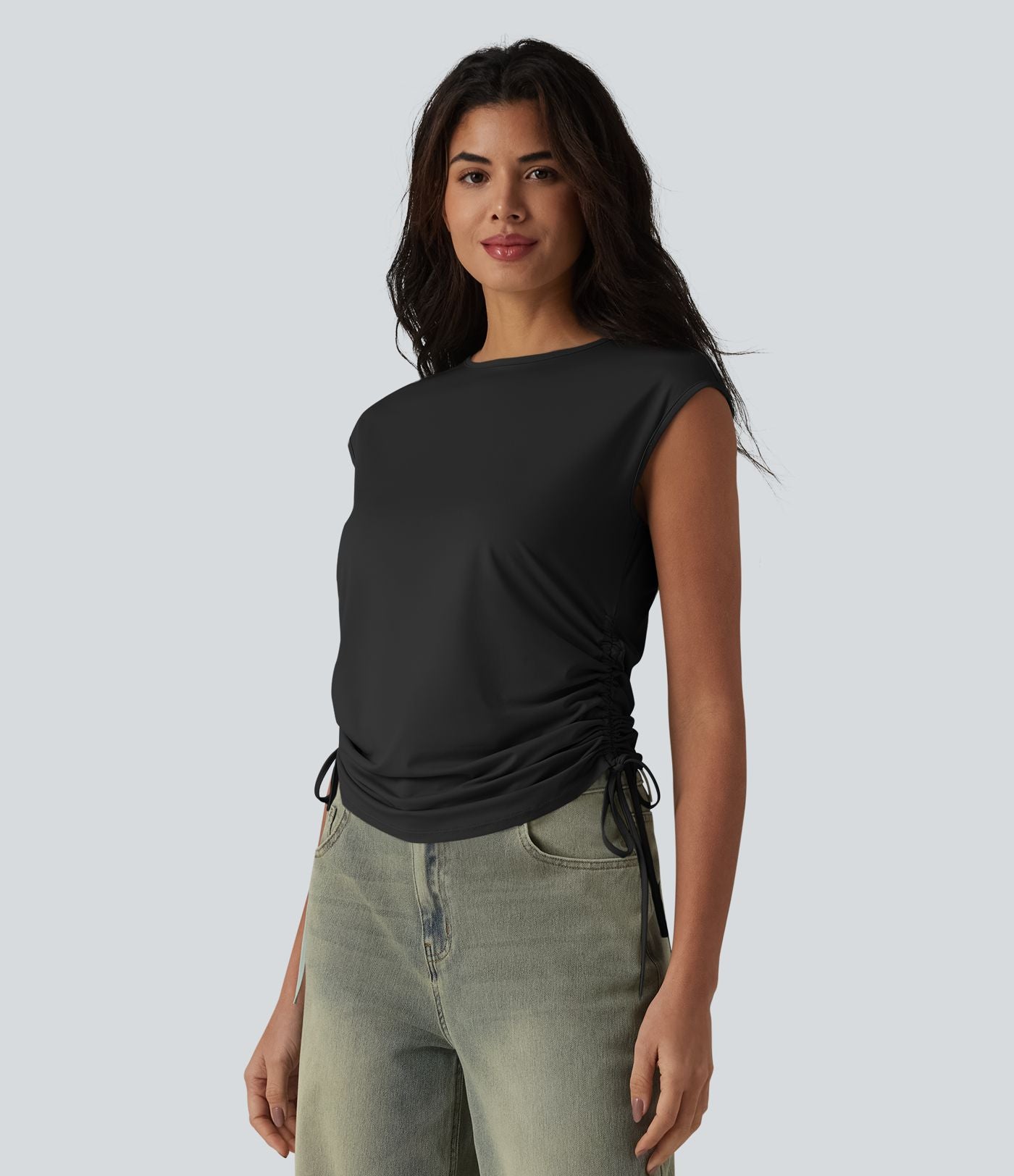 T-shirt casual col rond à manches courtes couvrantes avec cordon de serrage