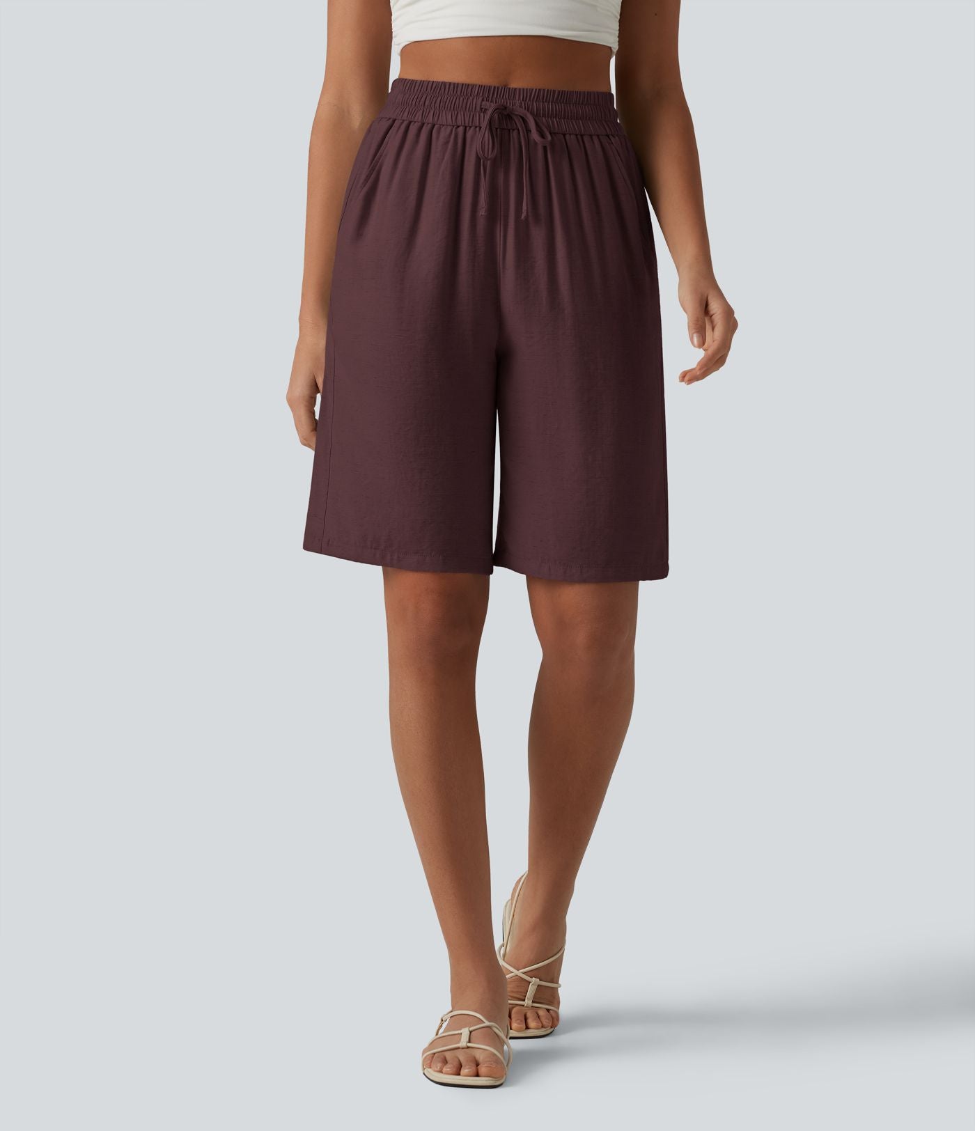 Short décontracté taille haute en lin mélangé avec cordon de serrage et poches, 25 cm