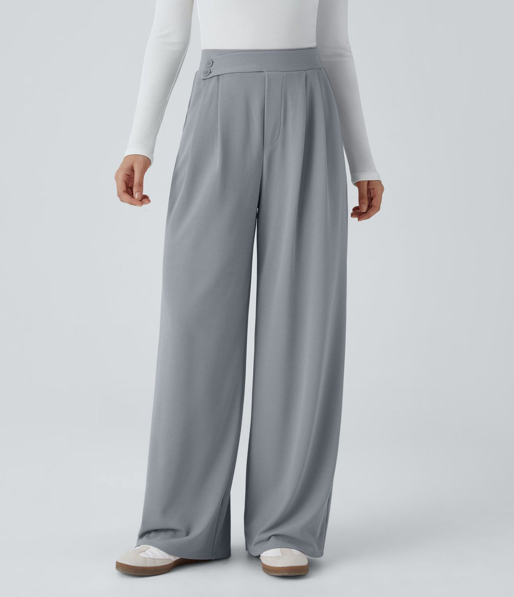 Pantalon taille haute décontracté large en maille gaufrée, avec poches