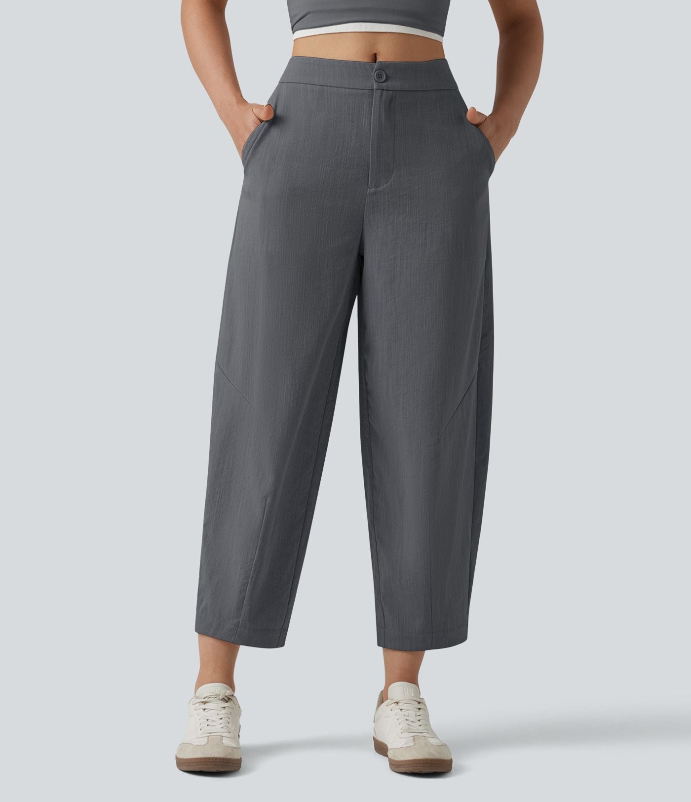 Pantalon casual taille mi-haute coupe tonneau aspect lin, avec poches