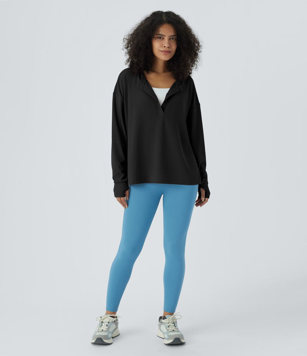 Sweatshirt Casual Waffle à Boutons Devant avec Trou Pouce et Fente
