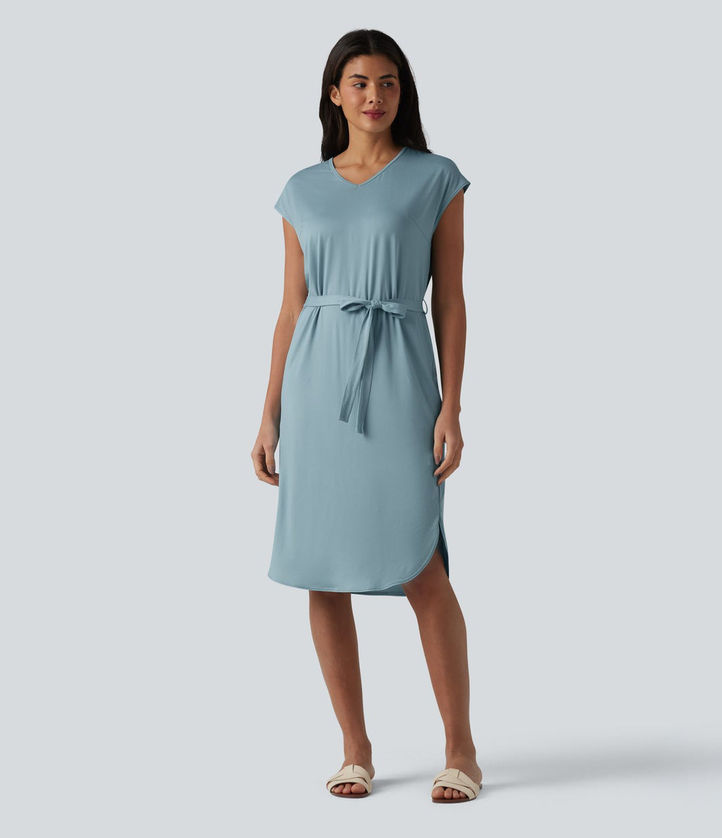 Robe t-shirt casual col V à manches courtes, ceinturée et ourlet arrondi