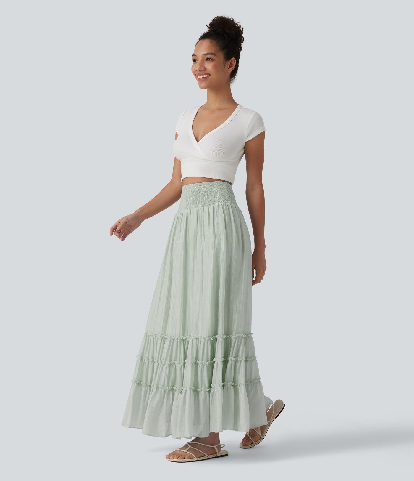 Jupe longue fluide à volants taille haute – Style resort