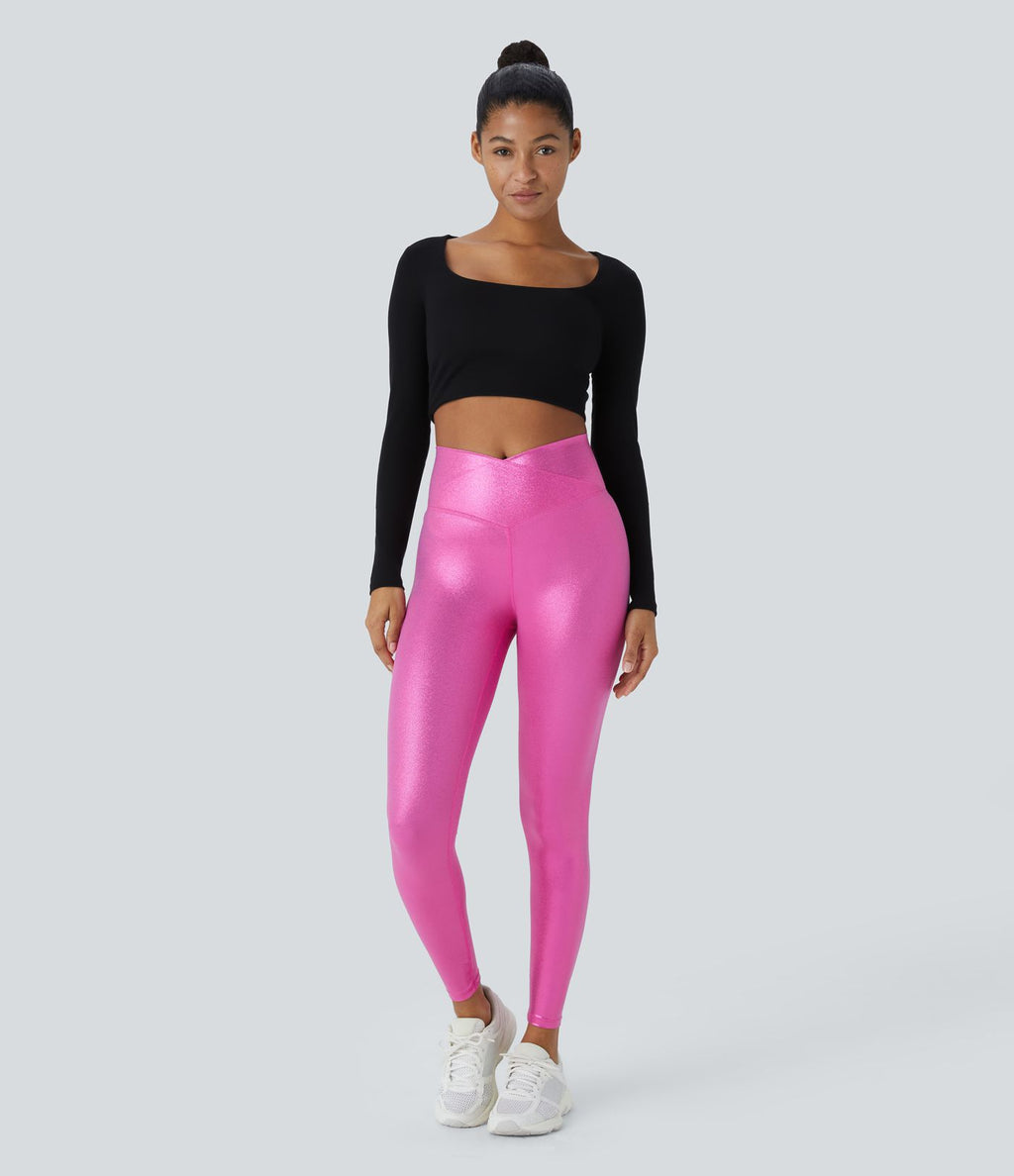 Legging de yoga SoftlyZero™ en simili stretch avec taille croisée, imprimé métallisé et poche arrière