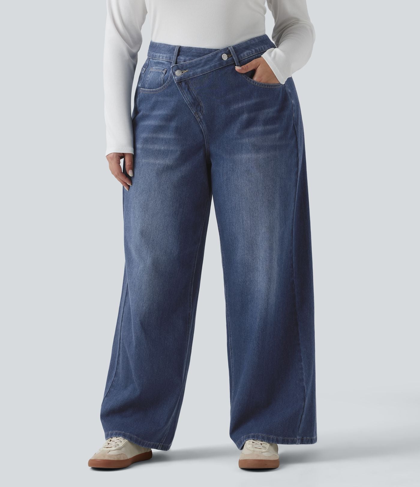 Jean large Halara Flex™ ample casual délavé taille haute asymétrique grande taille avec poches
