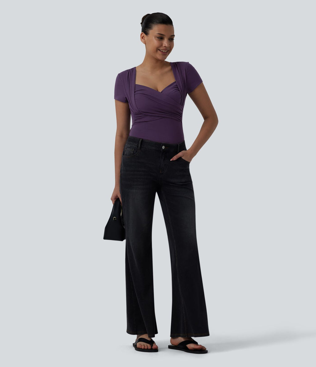 Top casual décolleté cœur manches courtes croisé avec fronces