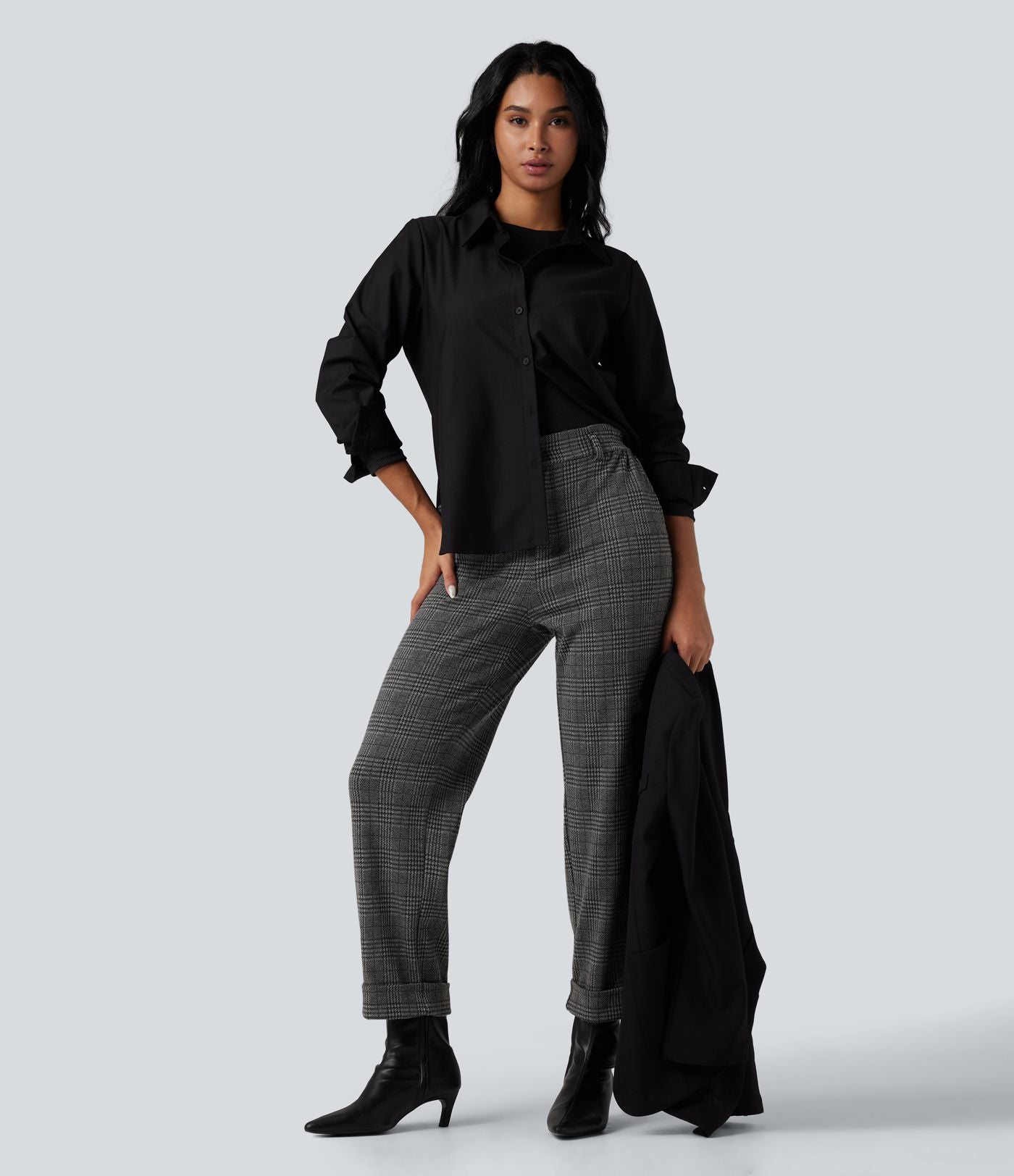 Pantalon tailleur Halara Flex™ pied-de-poule à carreaux coupe droite taille haute avec poches