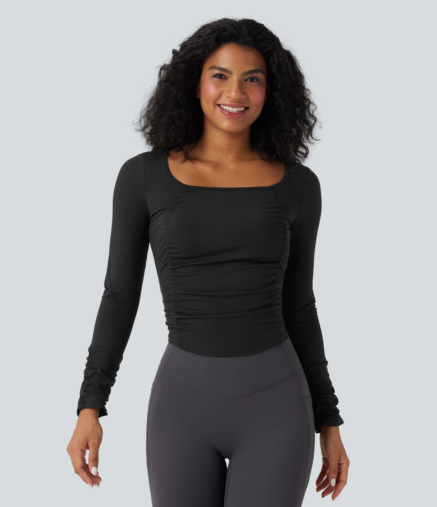 Haut de sport entraînement SoftlyZero™ Airy col carré manches longues froncé effet frais InstantCool