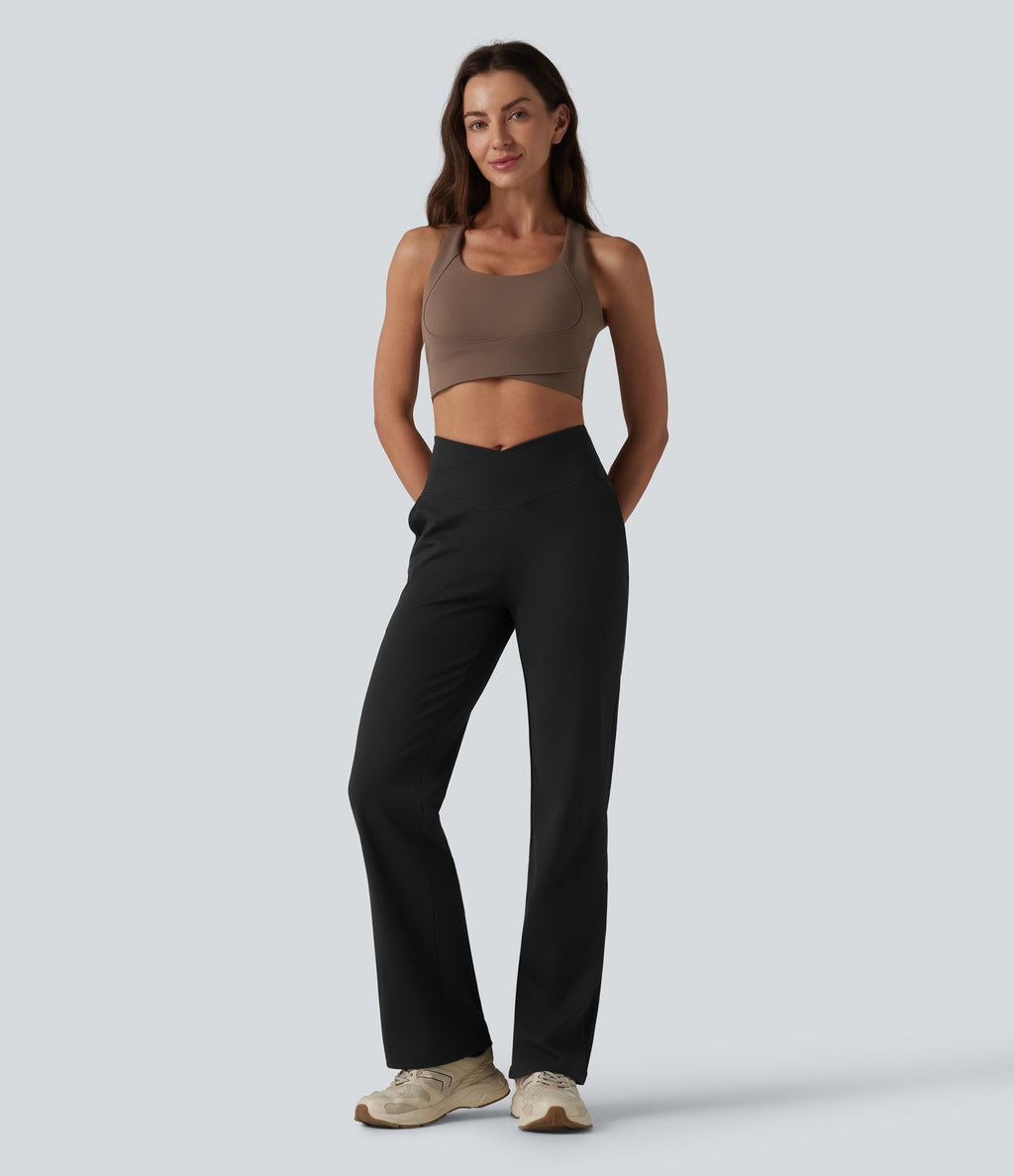 Pantalon bootcut de yoga taille haute croisée avec poches