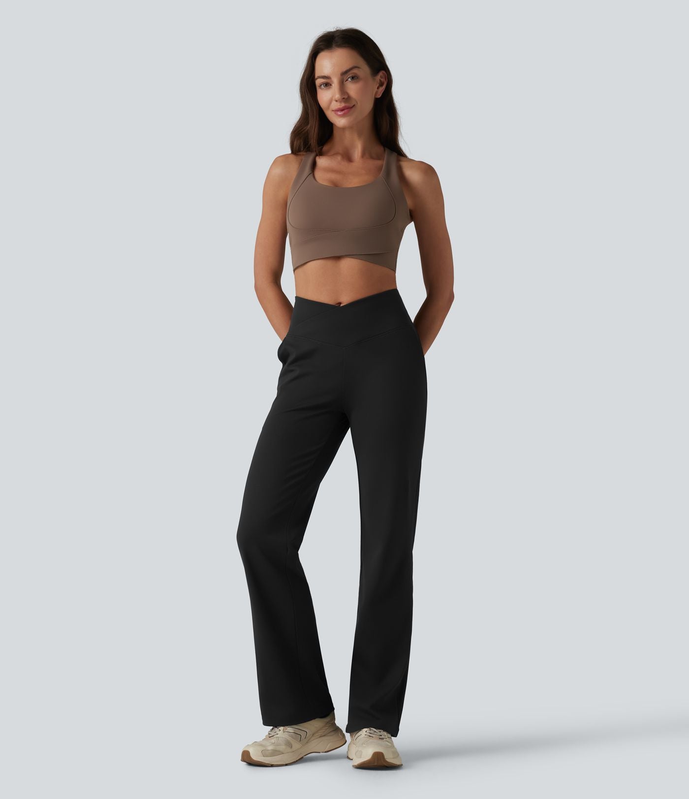 Pantalon bootcut de yoga taille haute croisée avec poches