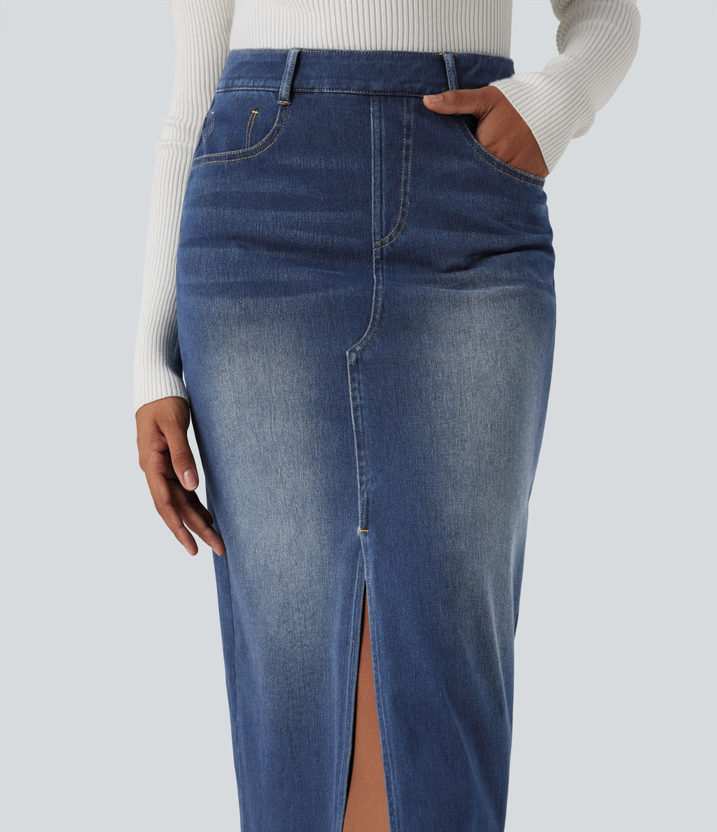 Jupe longue droite en denim délavé Halara Flex™ taille haute avec poches