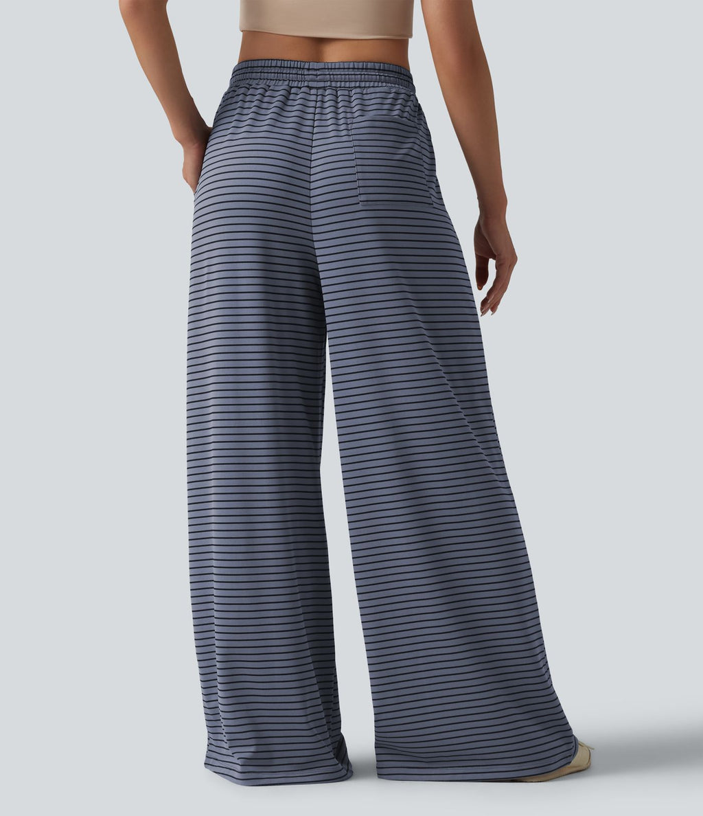 Pantalon large fluide décontracté taille haute rayé en maille côtelée avec cordon de serrage et poches