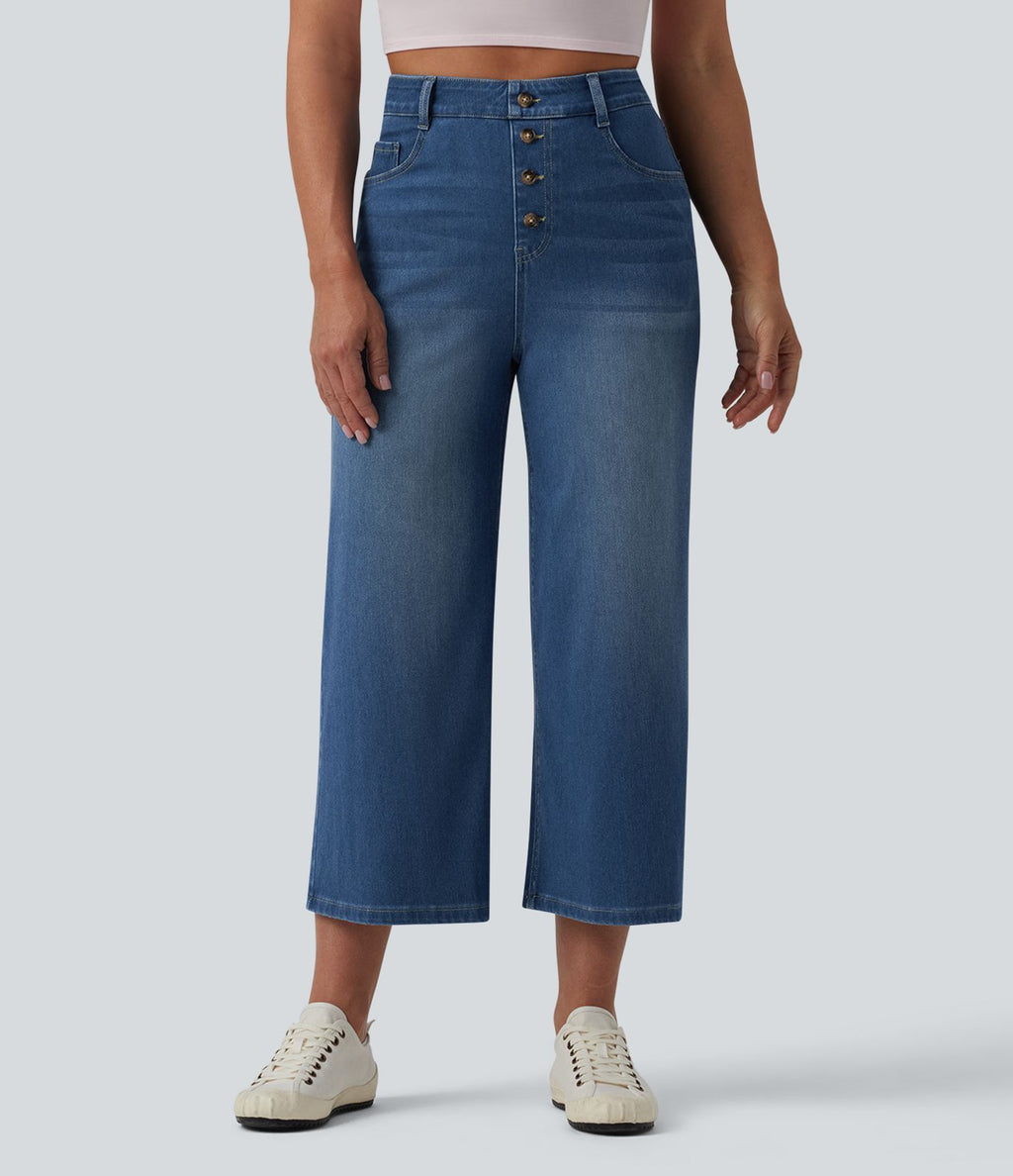Halara Flex™ Jean large casual raccourci taille haute en lyocell drapé, avec poches
