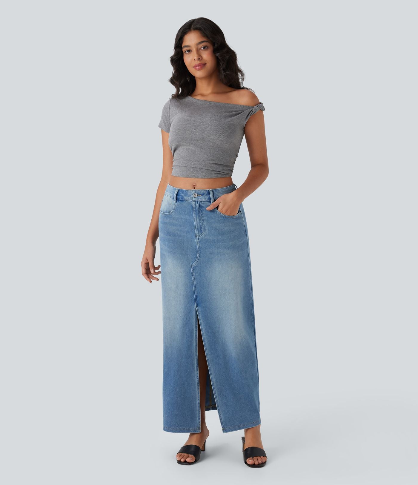 Halara Flex™ Jupe en Jean longue décontractée extensible délavé taille moyenne avec fente et multiples poches