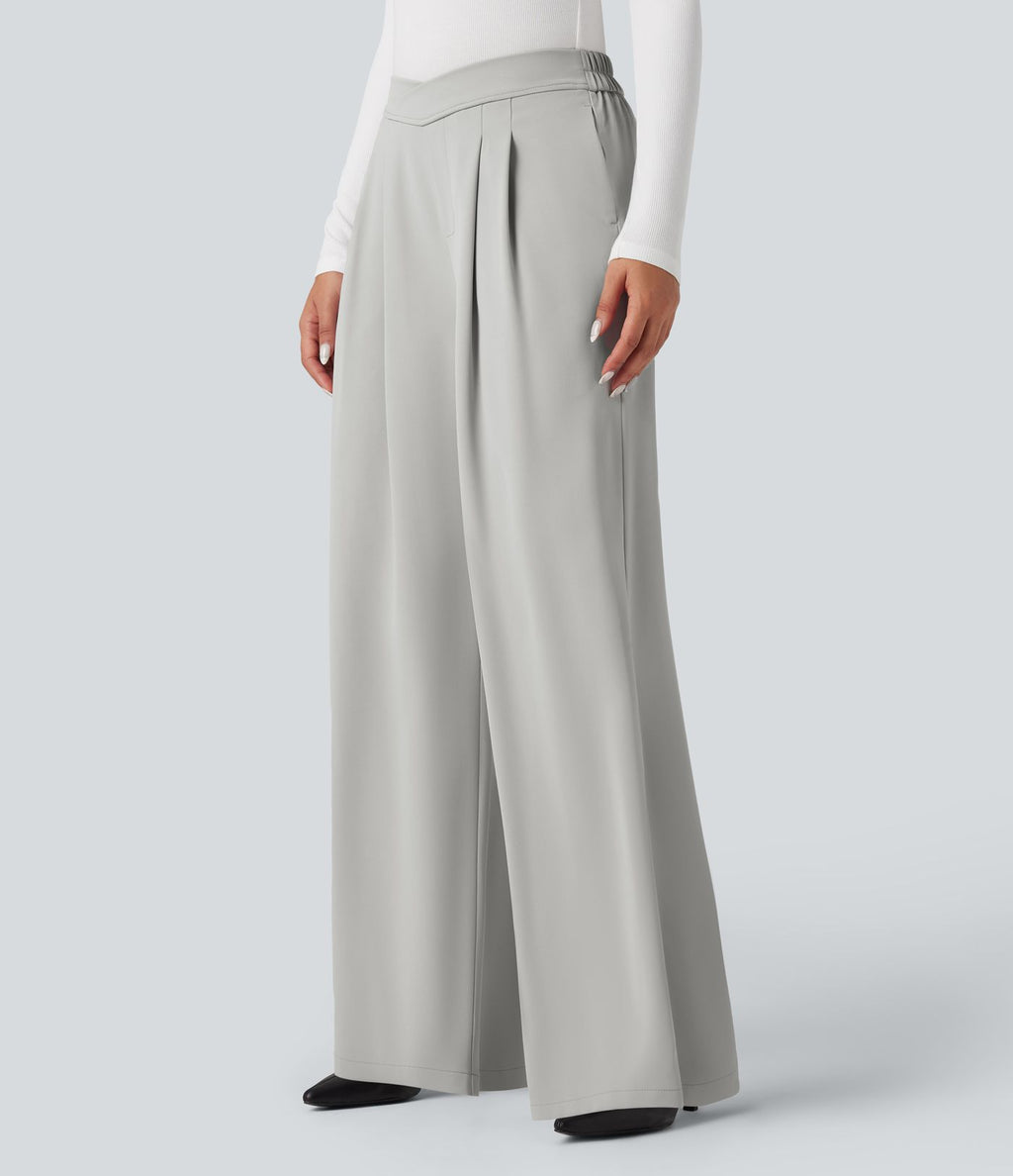 Pantalon tailleur large taille haute croisée avec poches