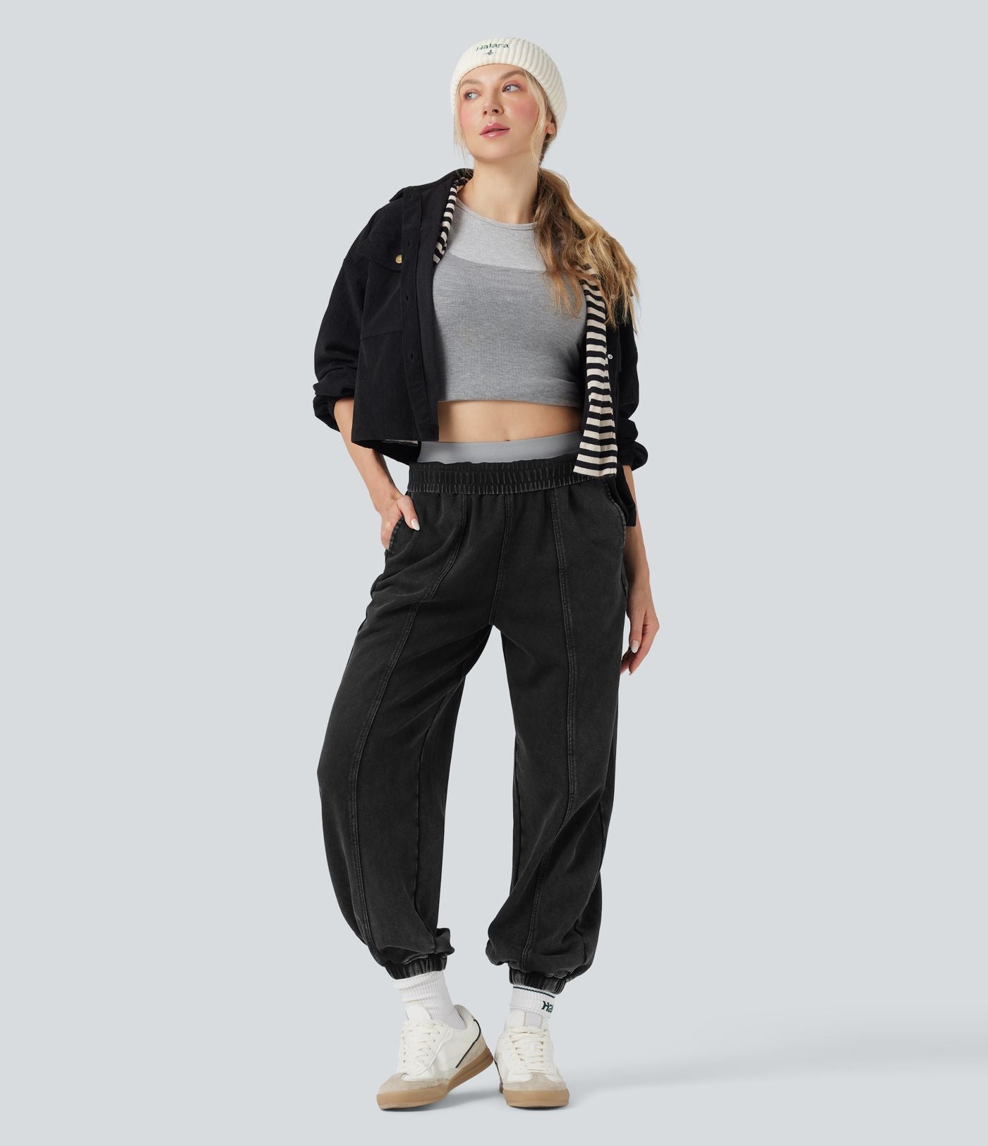 Pantalon jogging coton molleton français délavé taille mi-haute avec poches