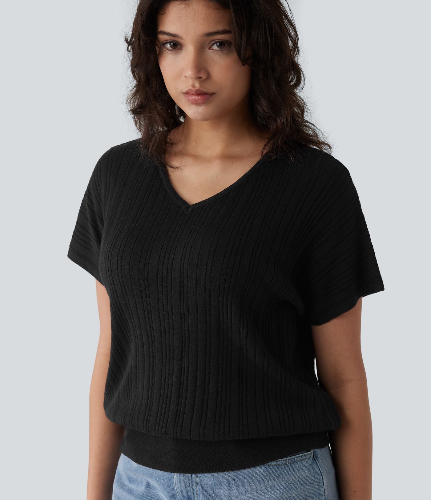 Pull casual col V manches courtes mélange laine