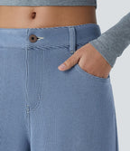 Jean décontracté taille basse en maille gaufrée extensible, jambe large avec poches multiples et fermeture zippée