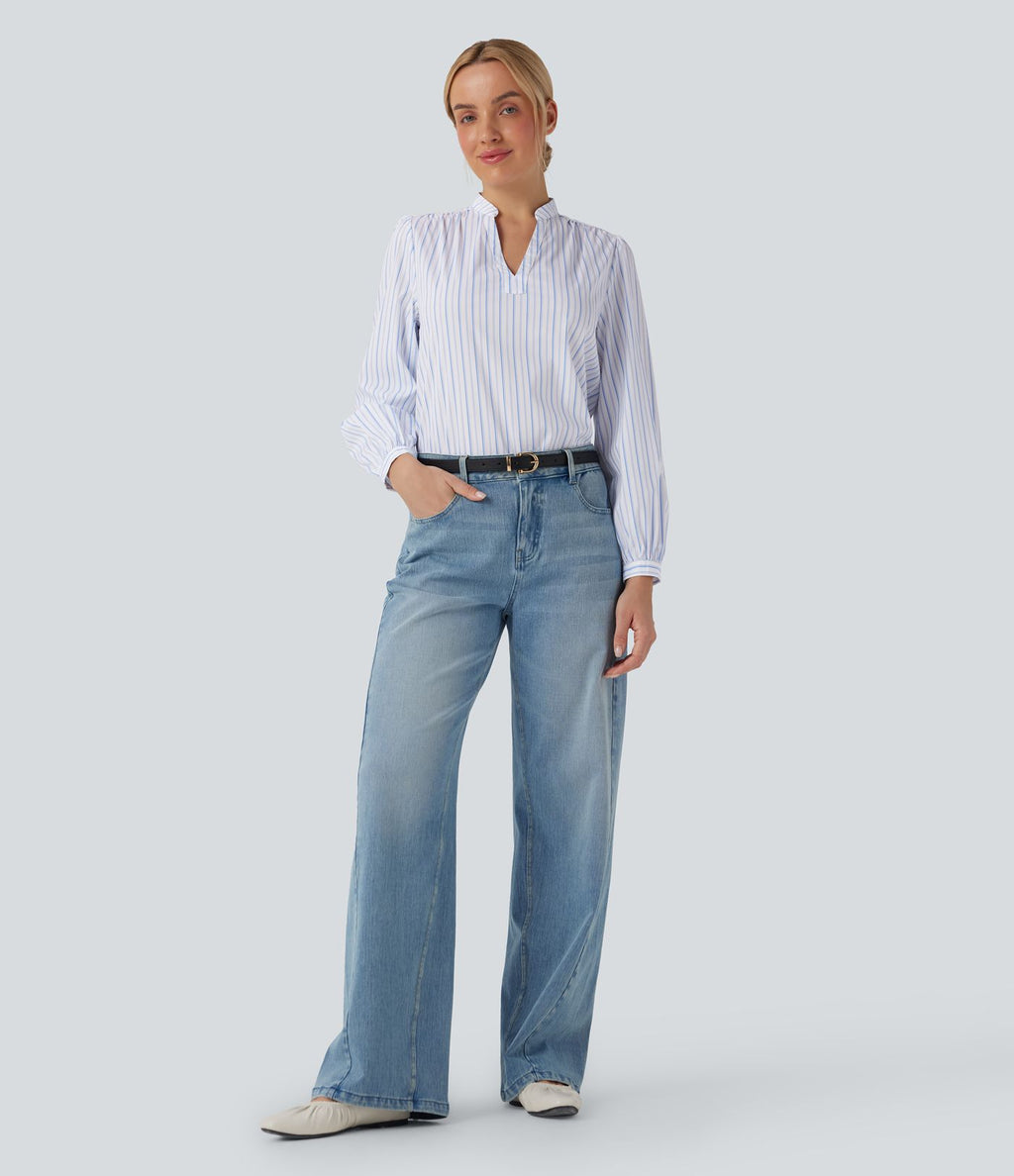 Blouse décontractée col V asymétrique imprimé rayé