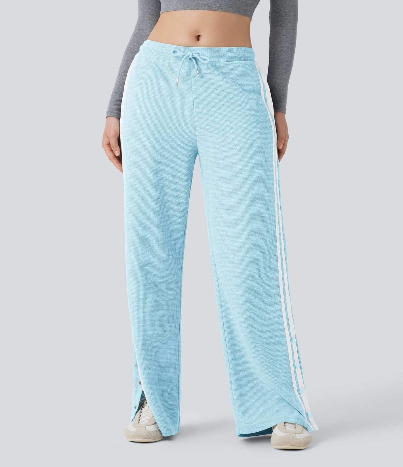 Pantalon jogging décontracté large taille basse à cordon en gaufre à blocs de couleurs avec boutons-pression fendus et poches