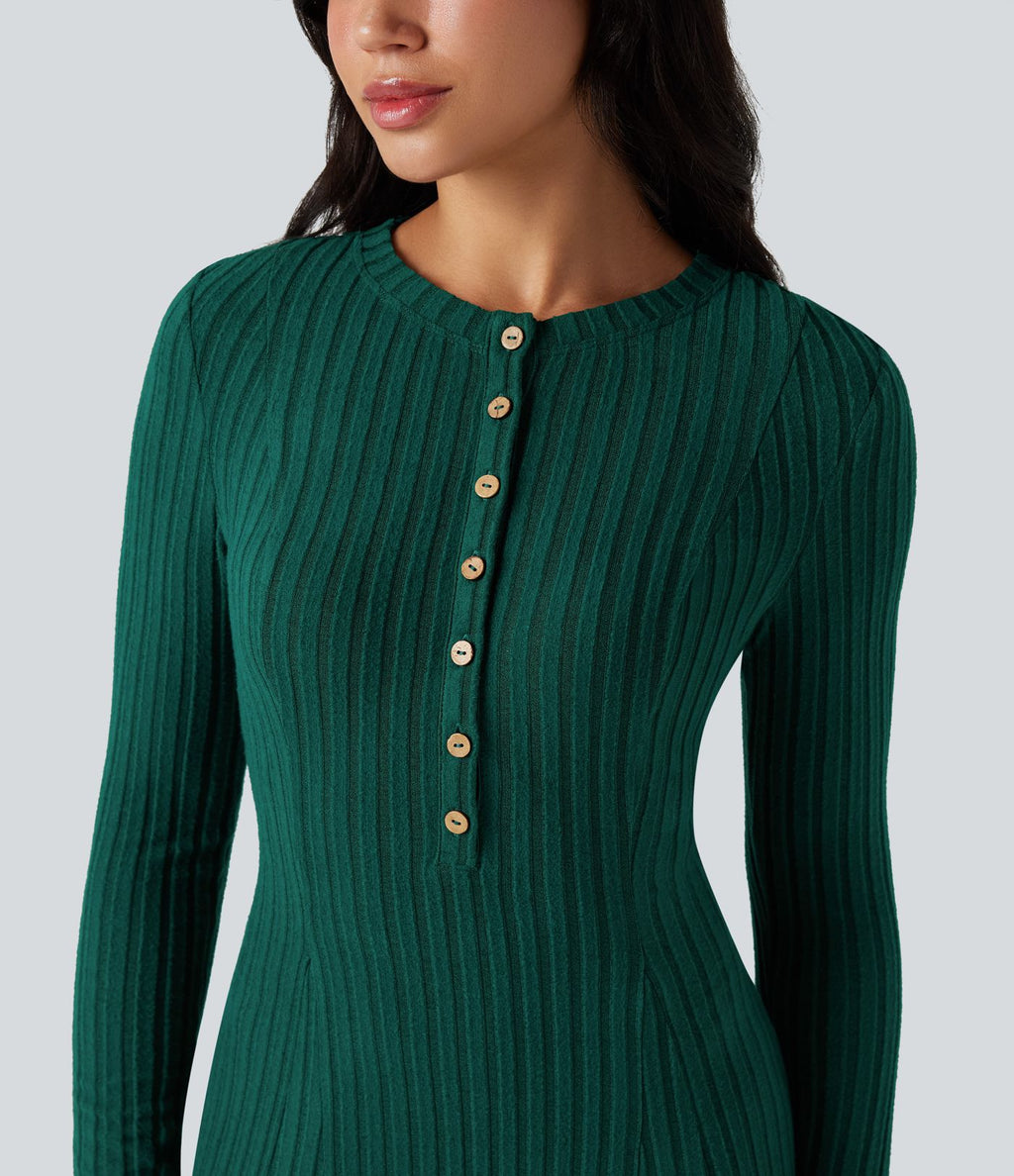 Robe longue fluide maille côtelée col henley manches longues