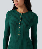 Robe longue fluide maille côtelée col henley manches longues