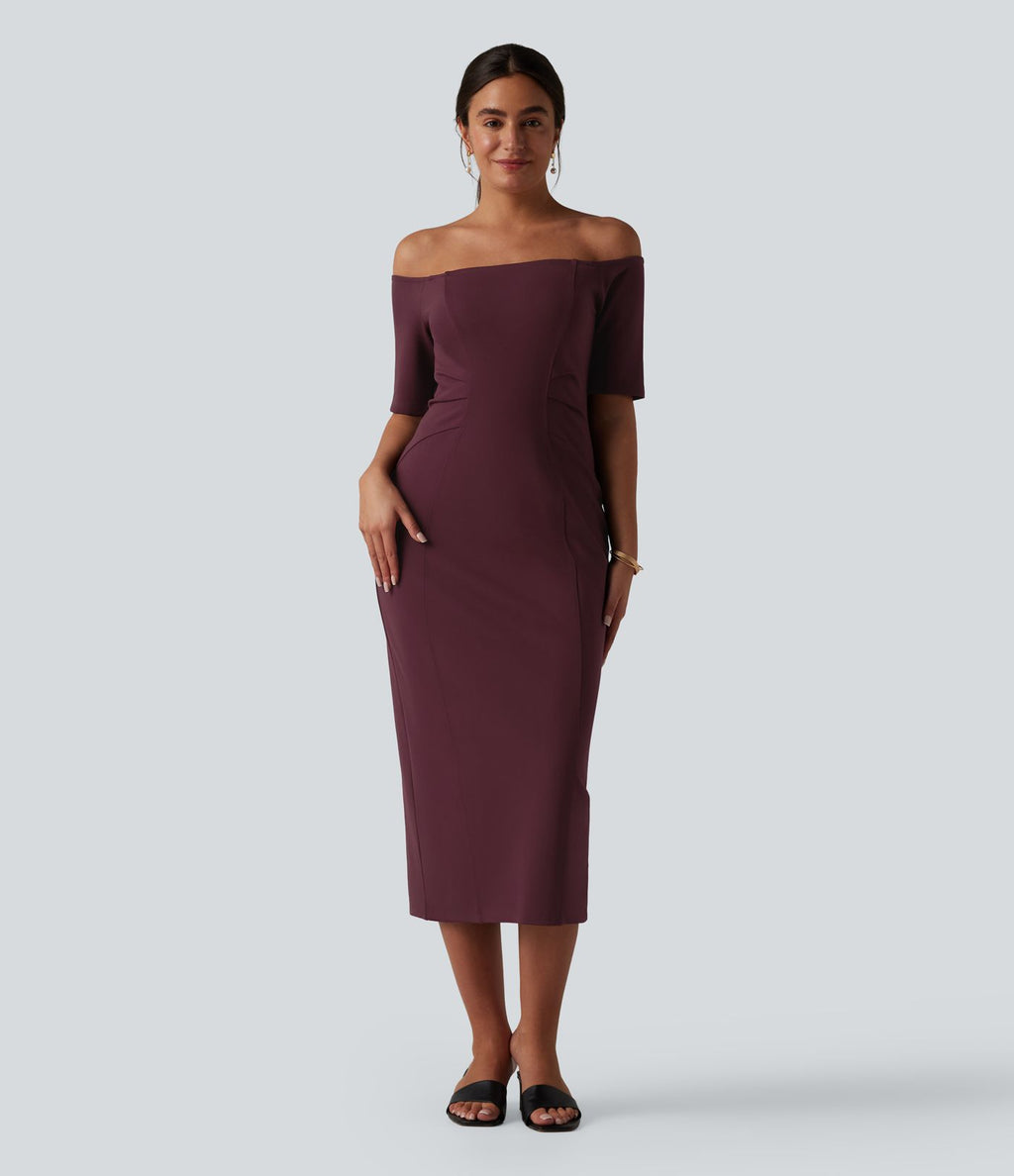 Robe midi moulante épaules dénudées manches courtes