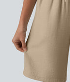Short décontracté taille haute en lin mélangé avec cordon de serrage et poches, 25 cm