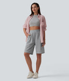 Bermuda casual ample taille mi-haute en molleton français à cordon de serrage intérieur avec poches