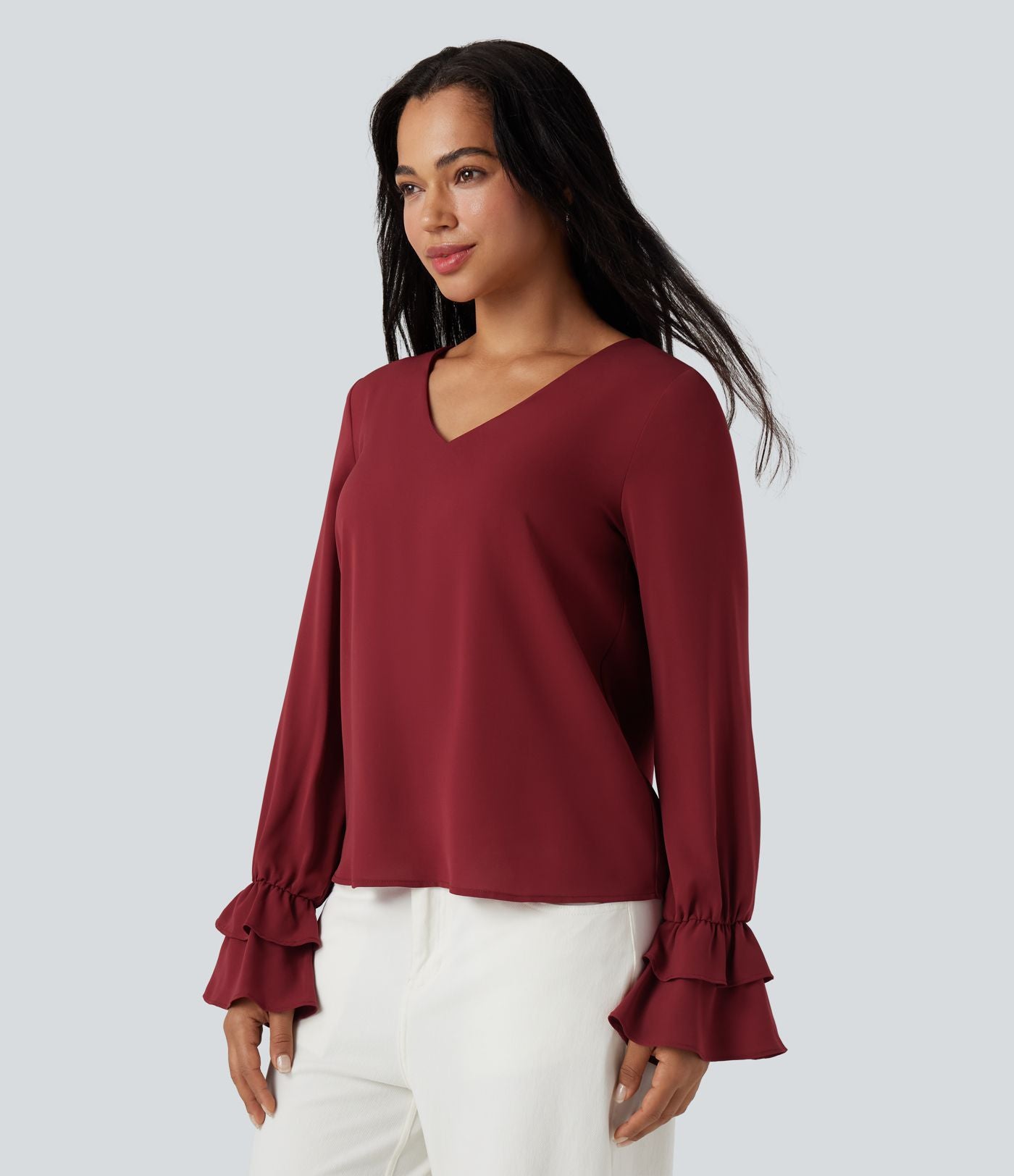Blouse col V à volants manches longues