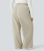 Pantalon décontracté grande taille en velours côtelé coupe droite taille haute avec poches latérales
