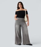 Halara Flex™ Jean large fluide taille haute à rayures délavé décontracté grande taille avec poches
