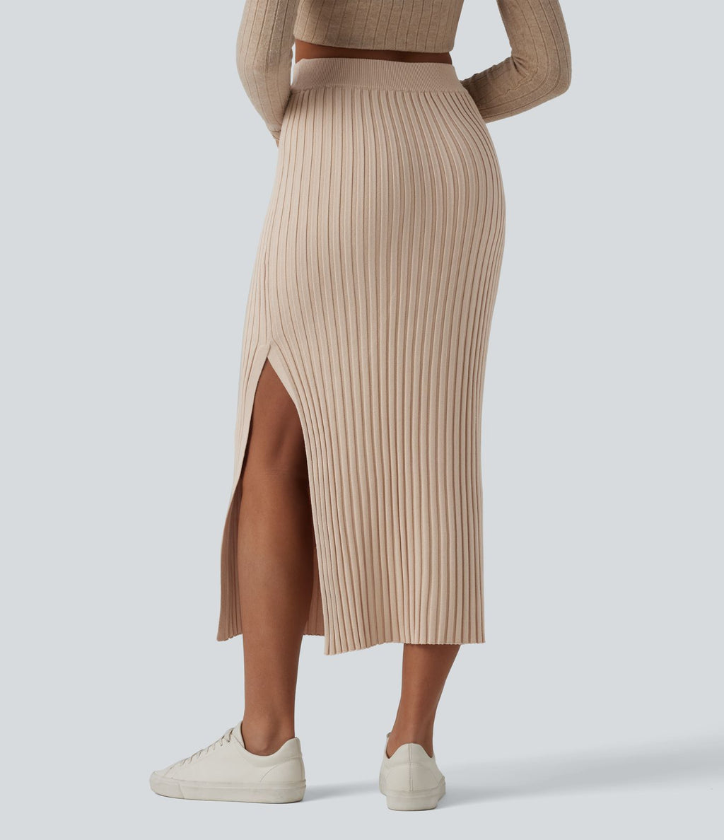 Jupe midi casual en maille taille haute