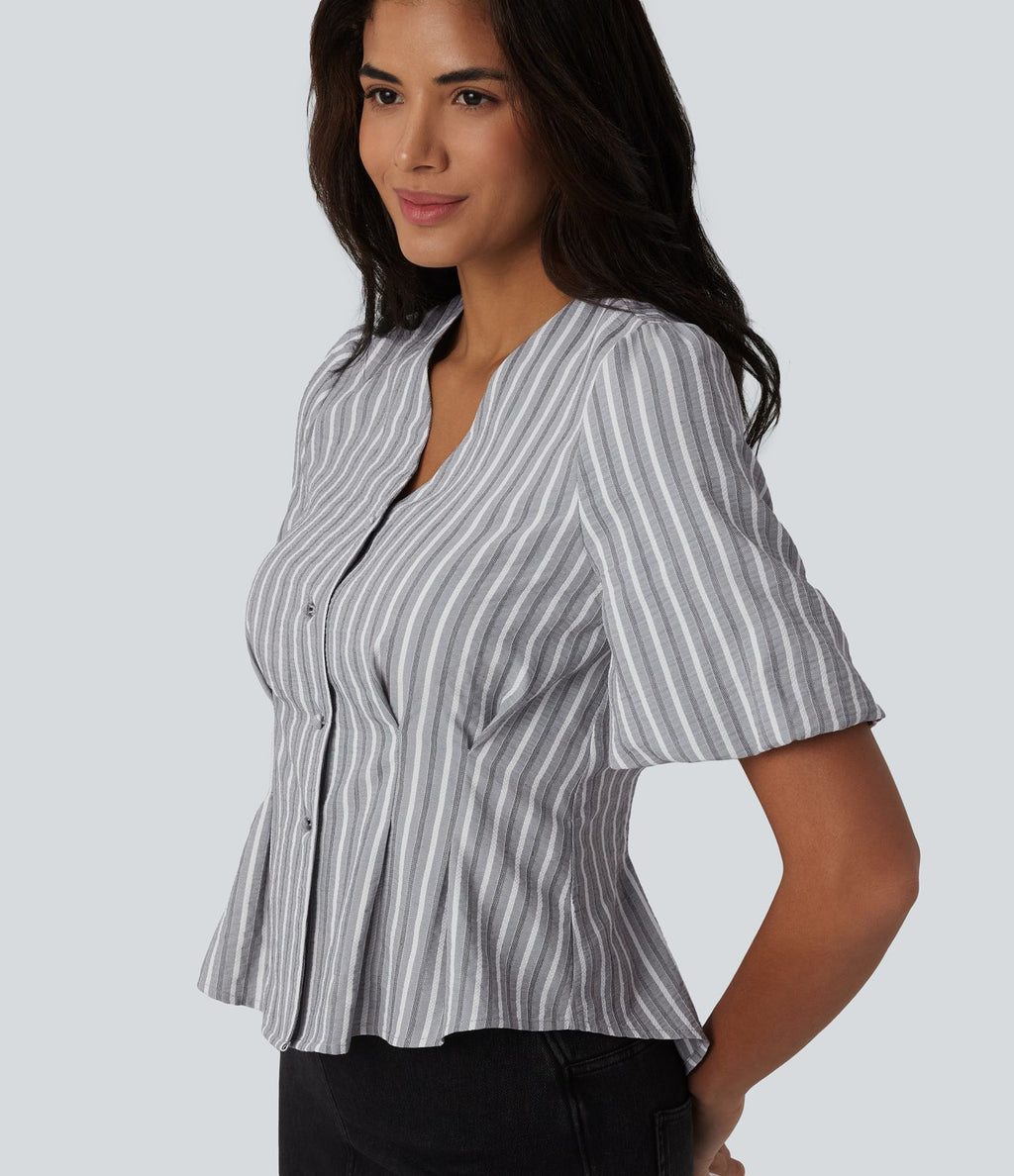 Blouse casual à rayures col V et manches bouffantes mi-longues