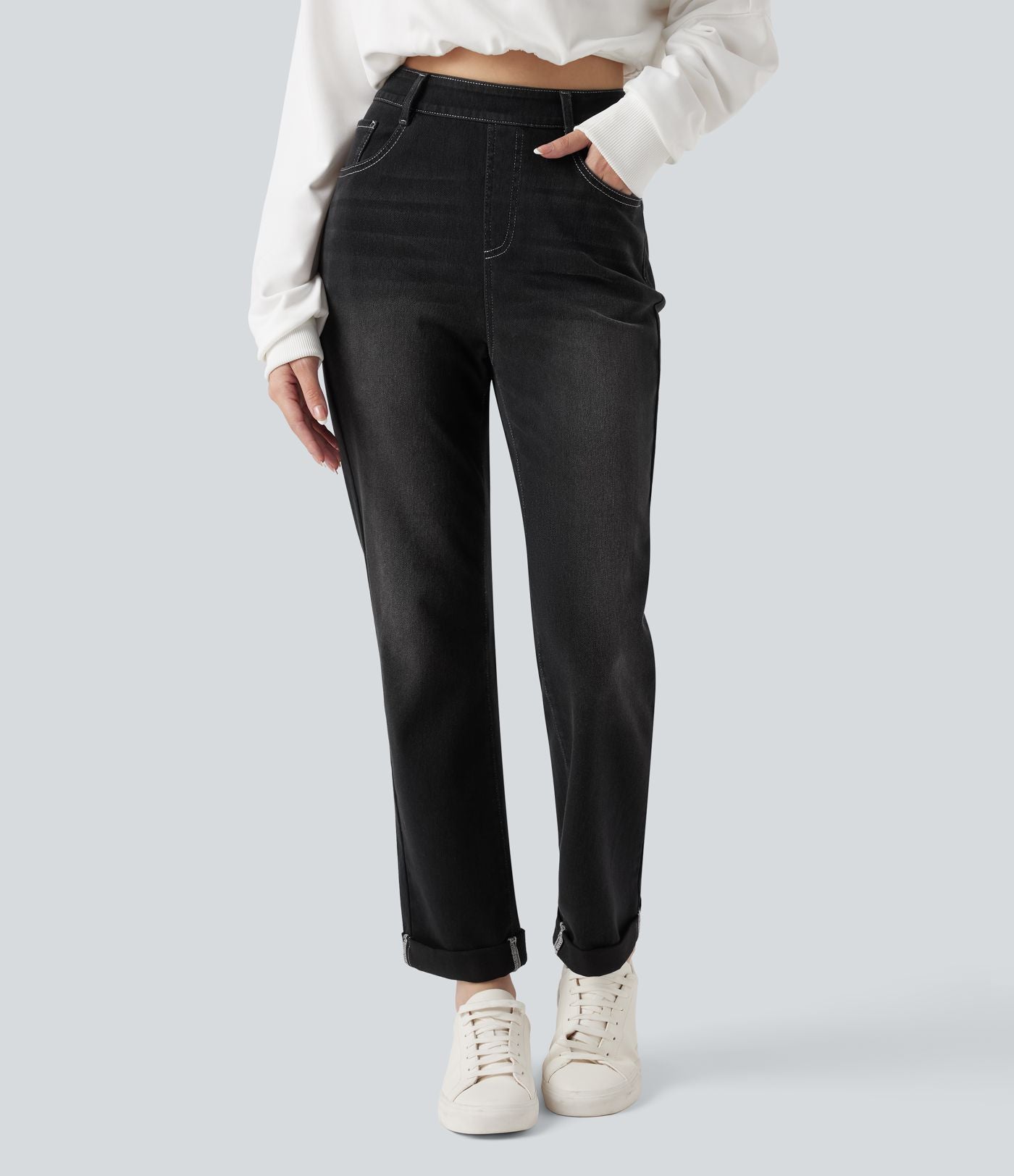 Jean décontracté Halara Flex™ ajusté taille haute ourlet retroussé avec poches