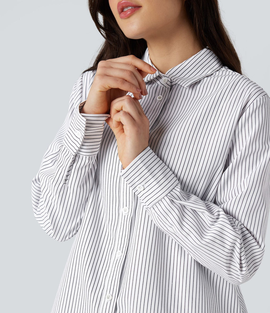 Chemise rayée col chemise ourlet arrondi manches longues coupe décontractée