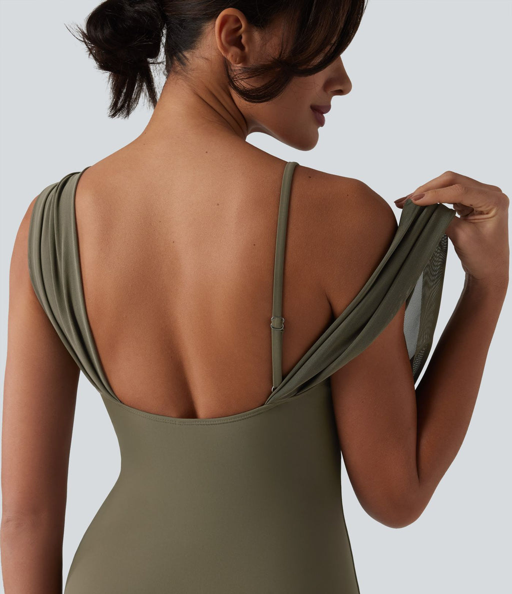 Maillot de bain une pièce col V sans manches ventre plat soutien-gorge intégré