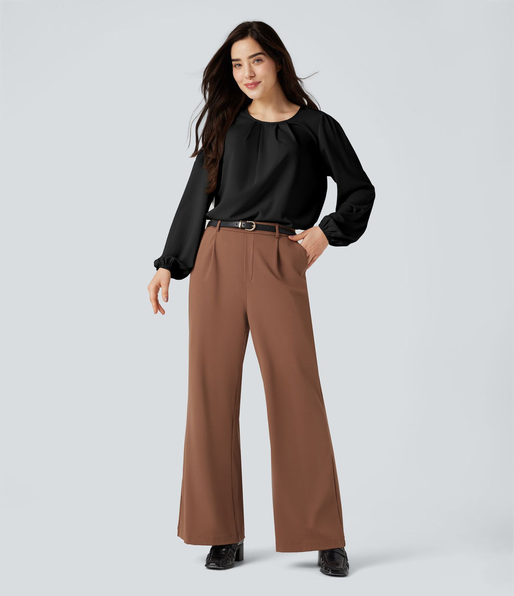 Blouse tailleur décontractée col rond dos keyhole manches bouffantes ourlet arrondi
