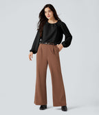 Blouse tailleur décontractée col rond dos keyhole manches bouffantes ourlet arrondi