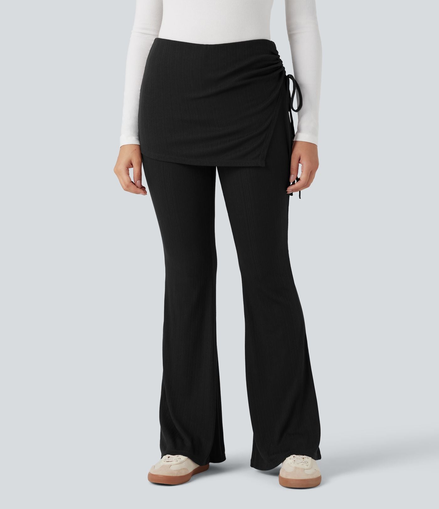 Pantalon évasé côtelé 2-en-1 froncé taille mi-haute avec cordon de serrage